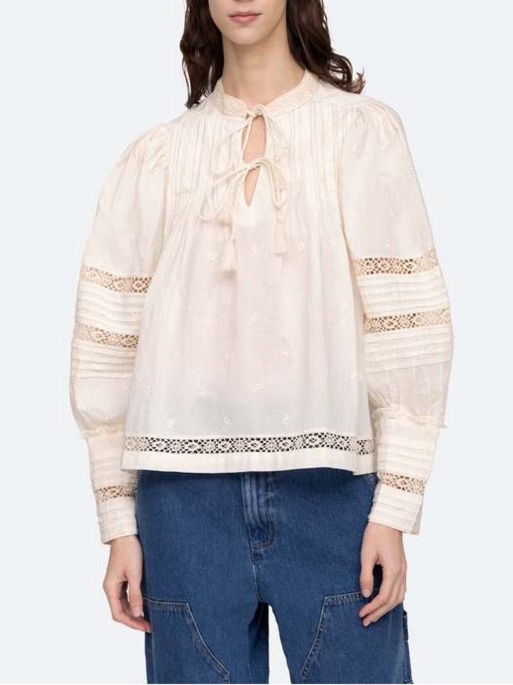 SEA NEW YORK Boho Lace-Trim Peasant Blouse Ivory LOREN Lace Inset 100% Cotton Sm